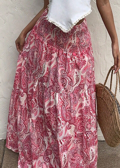 Beach Pink Print Elastic Waist A Line Skirts Summer