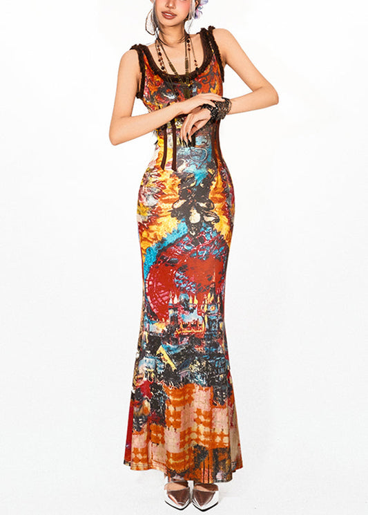 Beach Rainbow O-Neck Holiday Long Spaghetti Strap Fishtail Dress Sleeveless