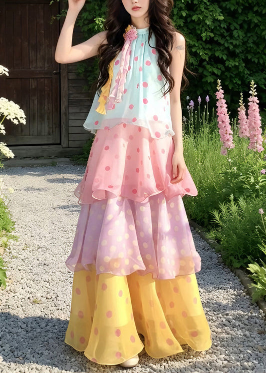 Beach Rainbow Stand Collar Floral Chiffon Long Cake Dresses Summer