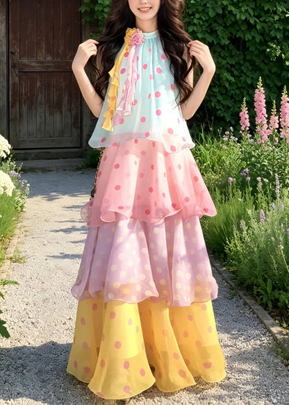 Beach Rainbow Stand Collar Floral Chiffon Long Cake Dresses Summer