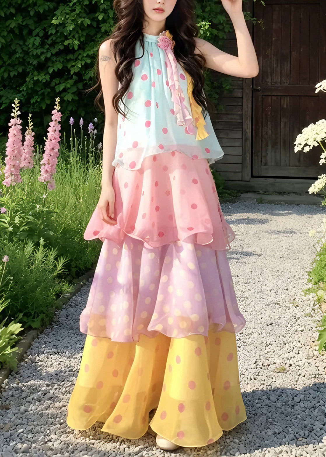 Beach Rainbow Stand Collar Floral Chiffon Long Cake Dresses Summer