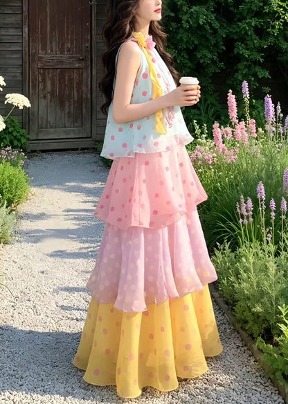 Beach Rainbow Stand Collar Floral Chiffon Long Cake Dresses Summer