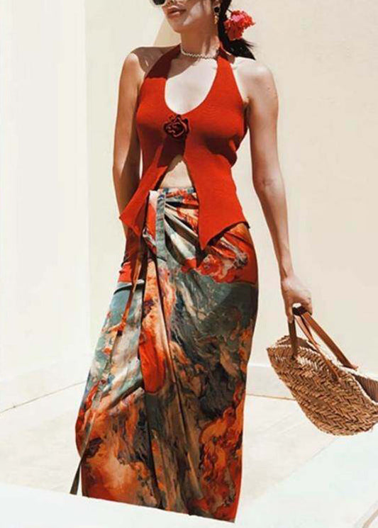 Beach Red Floral Vest And Maxi Skirts Two Pieces Set Summer
