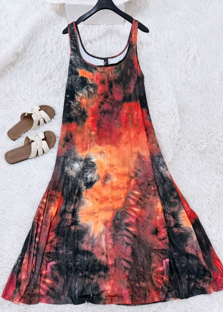 Beach U Neck Print Long Spaghetti Strap Dress Sleeveless