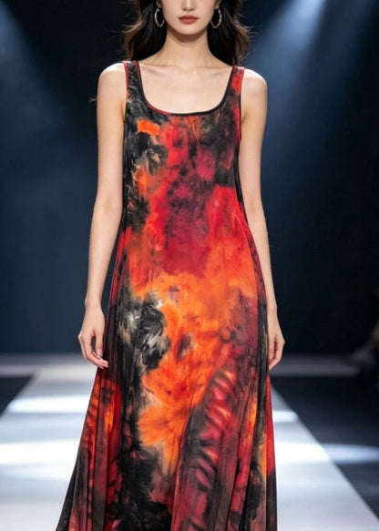 Beach U Neck Print Long Spaghetti Strap Dress Sleeveless