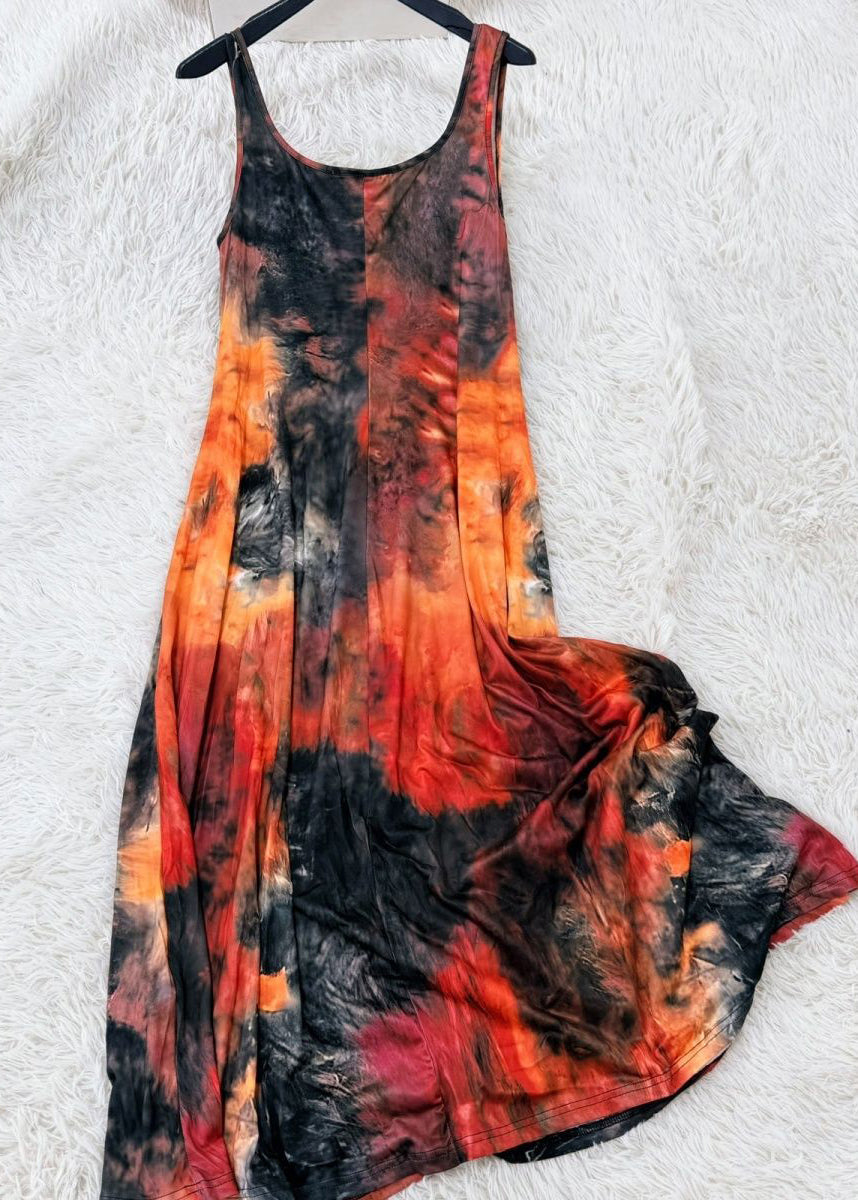 Beach U Neck Print Long Spaghetti Strap Dress Sleeveless