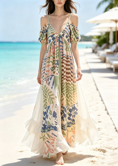 Beach V Neck Cold Shoulder Patchwork Holiday Maxi Dresses Summer