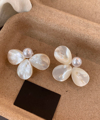 Beach White Alloy Floral Pearl Stud Earrings