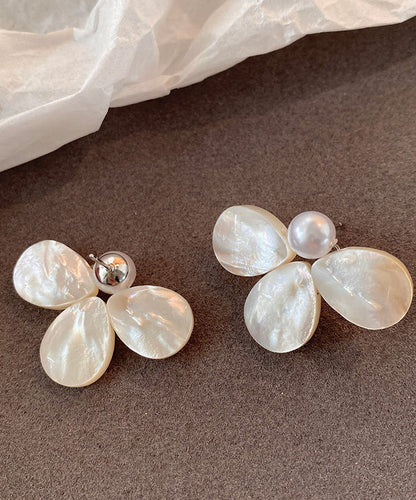 Beach White Alloy Floral Pearl Stud Earrings