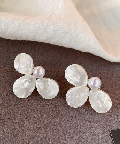 Beach White Alloy Floral Pearl Stud Earrings