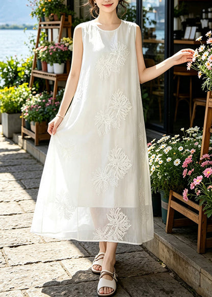 Beach White Embroidered Solid Long Dnress Summer