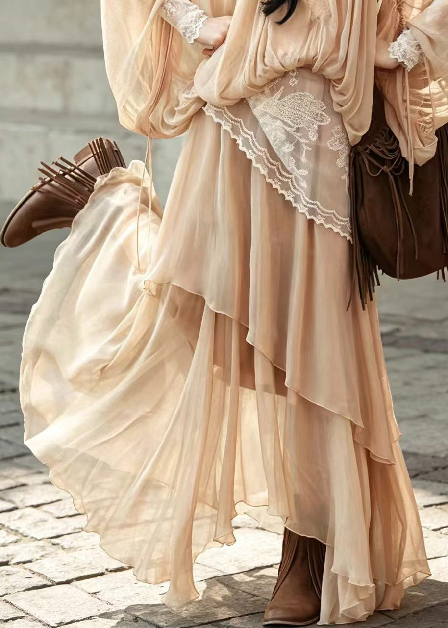 Beautiful Apricot Asymmetrical Layered Skirt Fall