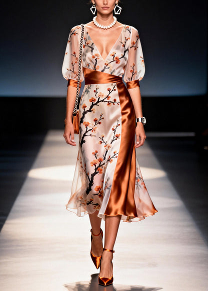 Beautiful Apricot Asymmetrical Patchwork Print Chiffon Dress Summer