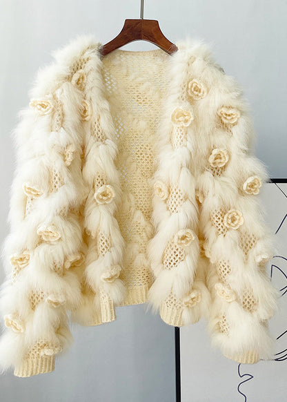 Beautiful Apricot Floral Mink Hair Knitted Coats Lantern Sleeve