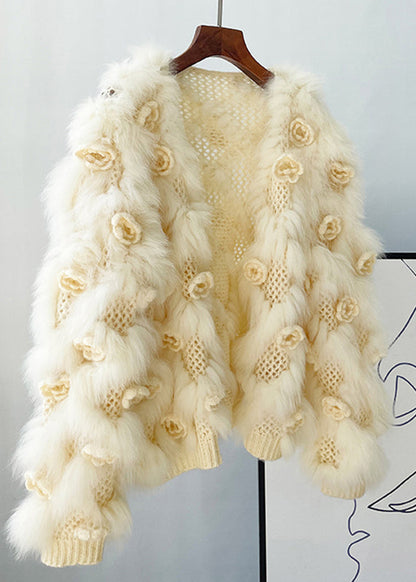 Beautiful Apricot Floral Mink Hair Knitted Coats Lantern Sleeve