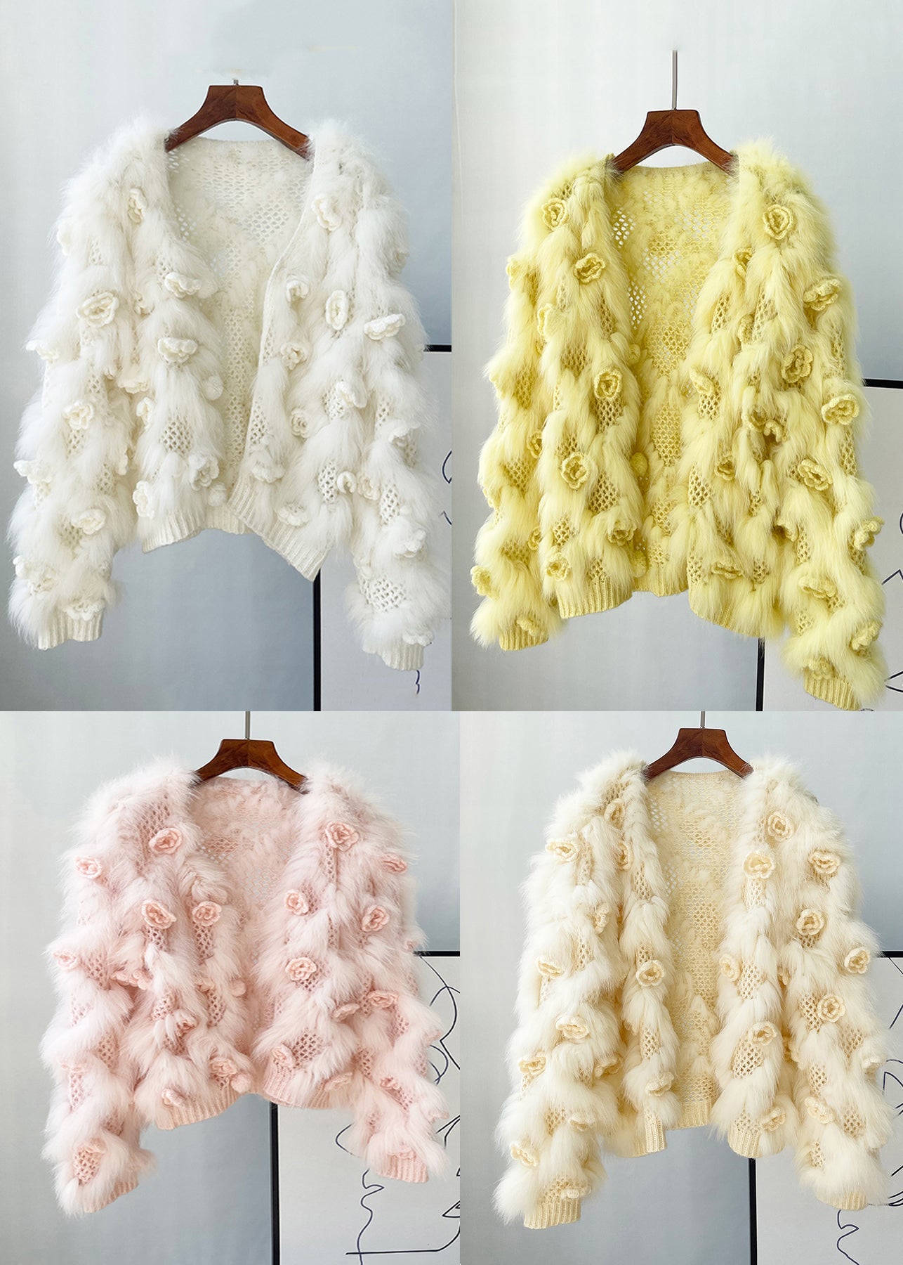 Beautiful Apricot Floral Mink Hair Knitted Coats Lantern Sleeve