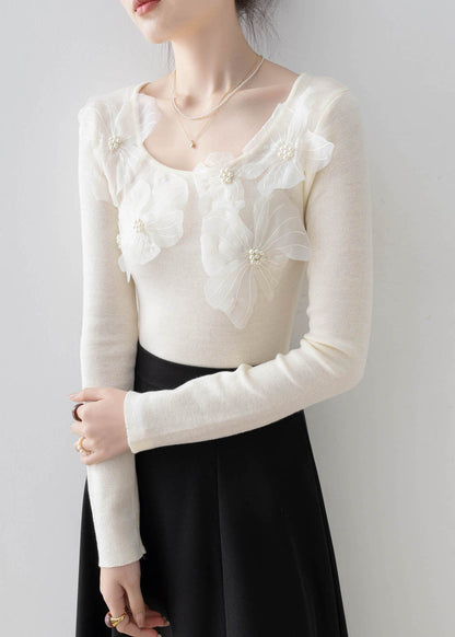 Beautiful Apricot O Neck Floral Nail Bead Knit Top Spring