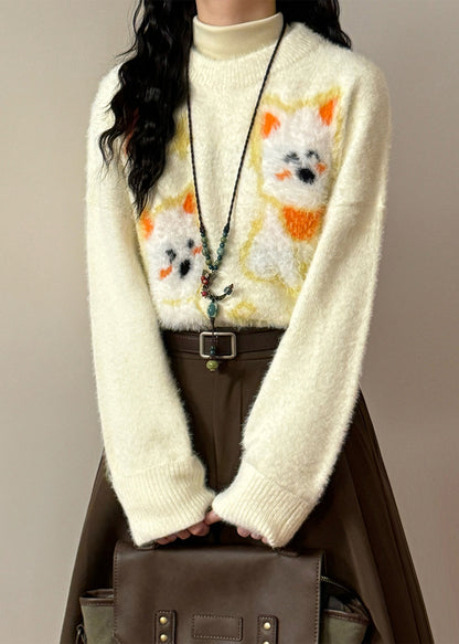 Beautiful Apricot O-Neck Little Dog Cozy Mink Hair Knitted Sweater Winter