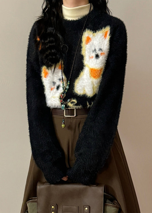 Beautiful Apricot O-Neck Little Dog Cozy Mink Hair Knitted Sweater Winter