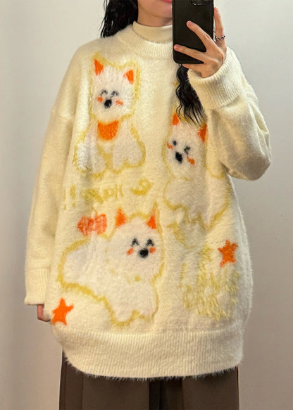 Beautiful Apricot O-Neck Little Dog Cozy Mink Hair Knitted Sweater Winter