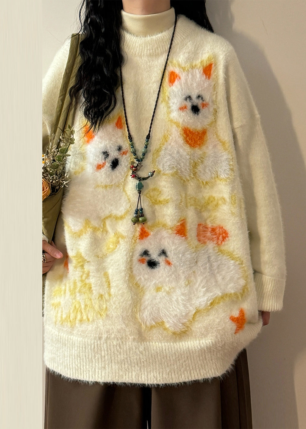 Beautiful Apricot O-Neck Little Dog Cozy Mink Hair Knitted Sweater Winter