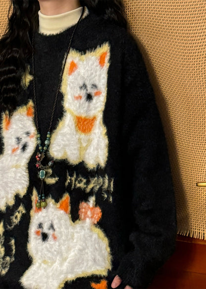 Beautiful Apricot O-Neck Little Dog Cozy Mink Hair Knitted Sweater Winter