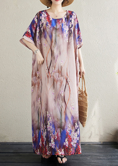 Beautiful Apricot Print Loose Sundresses Batwing Sleeve