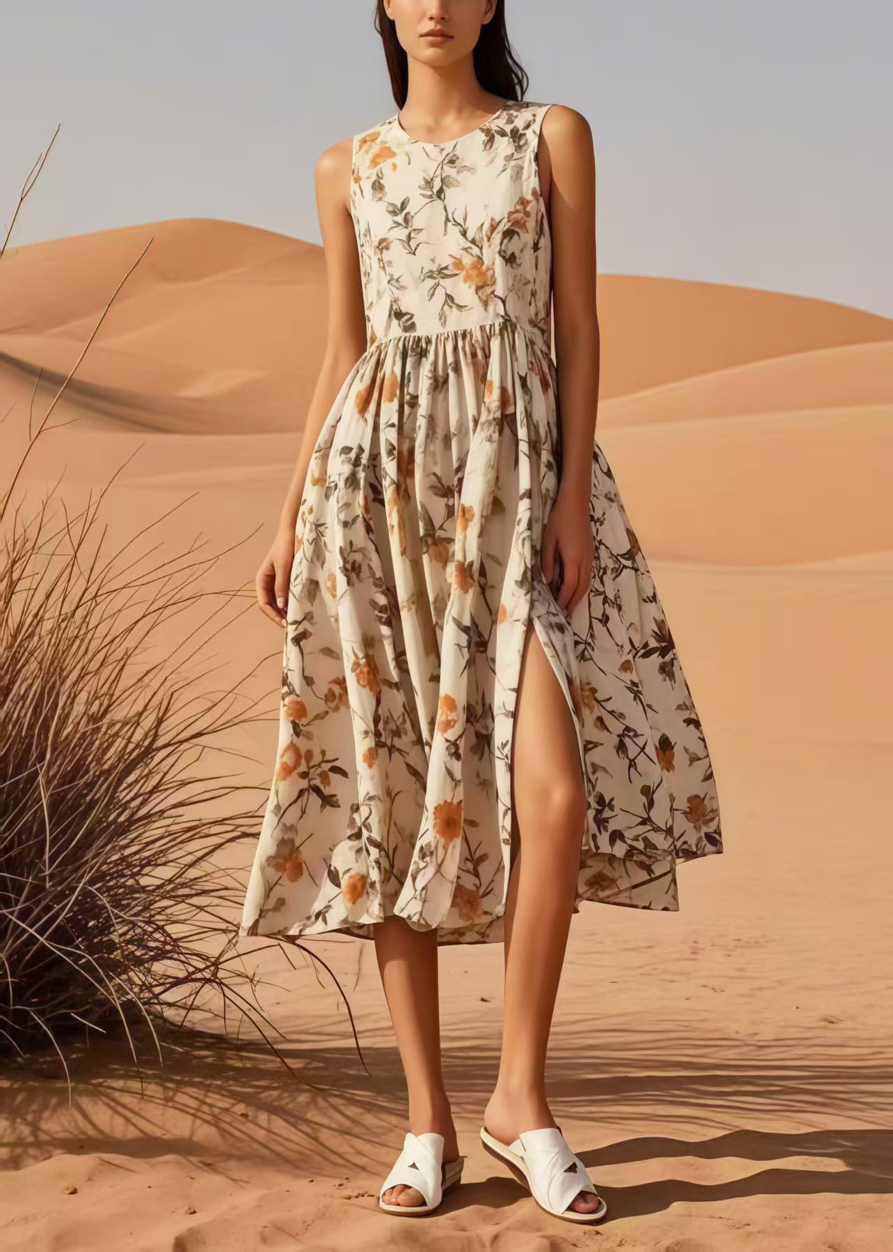 Beautiful Apricot Print Side Open Cotton Long Dress Sleeveless