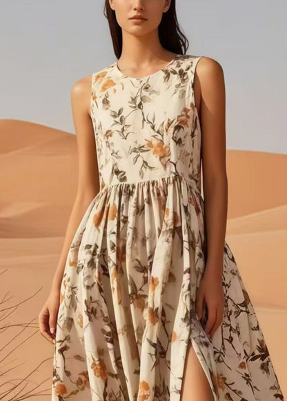 Beautiful Apricot Print Side Open Cotton Long Dress Sleeveless