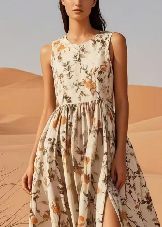 Beautiful Apricot Print Side Open Cotton Long Dress Sleeveless