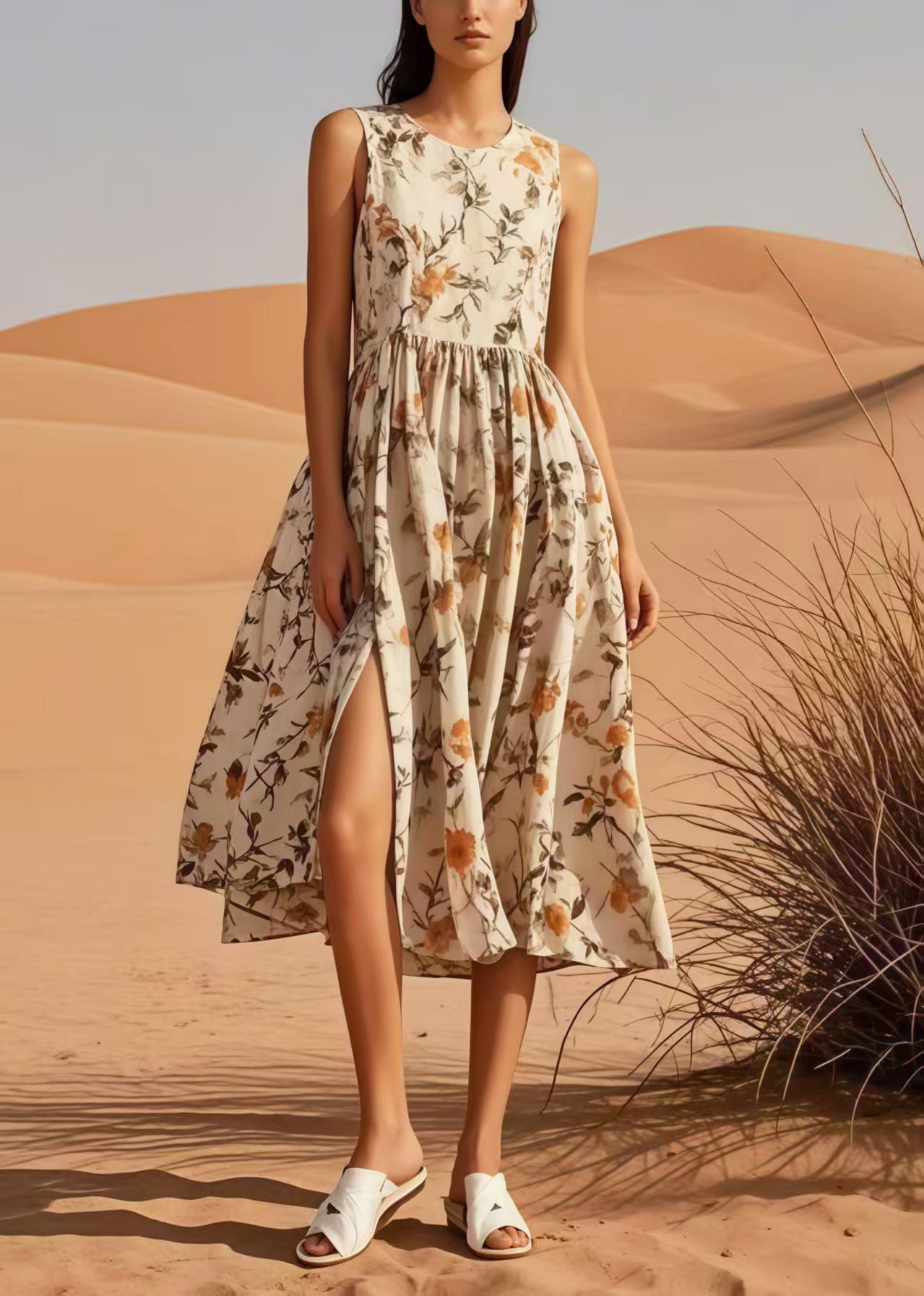Beautiful Apricot Print Side Open Cotton Long Dress Sleeveless