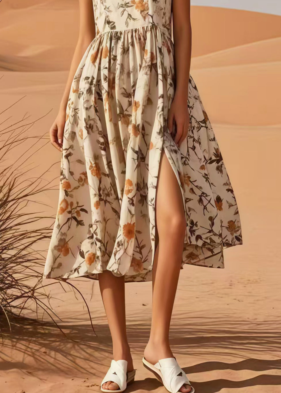 Beautiful Apricot Print Side Open Cotton Long Dress Sleeveless