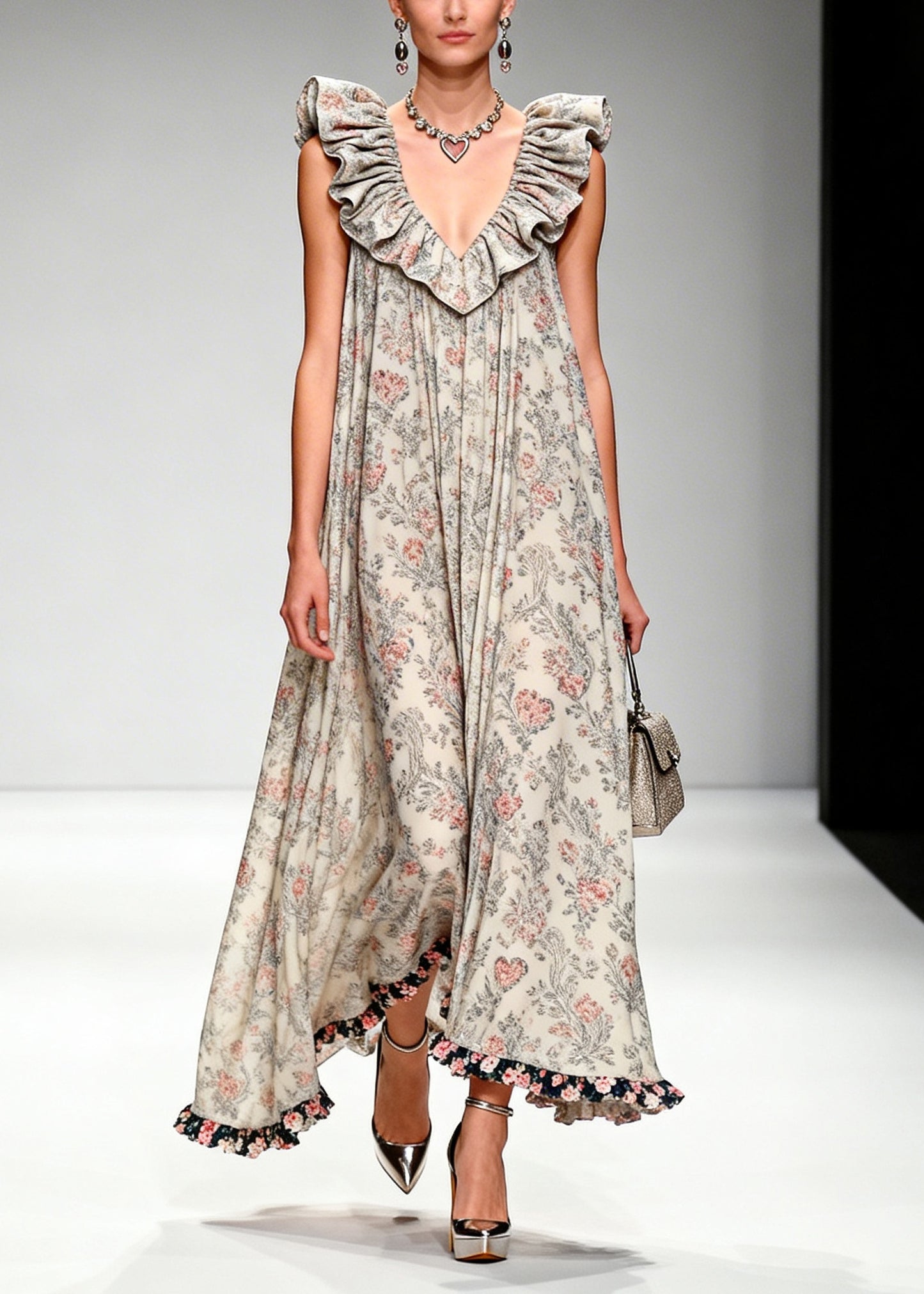 Beautiful Apricot Ruffled Print Chiffon Maxi Dresses Sleeveless