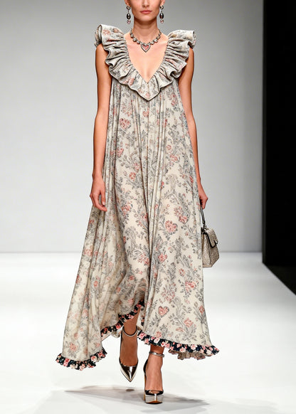 Beautiful Apricot Ruffled Print Chiffon Maxi Dresses Sleeveless