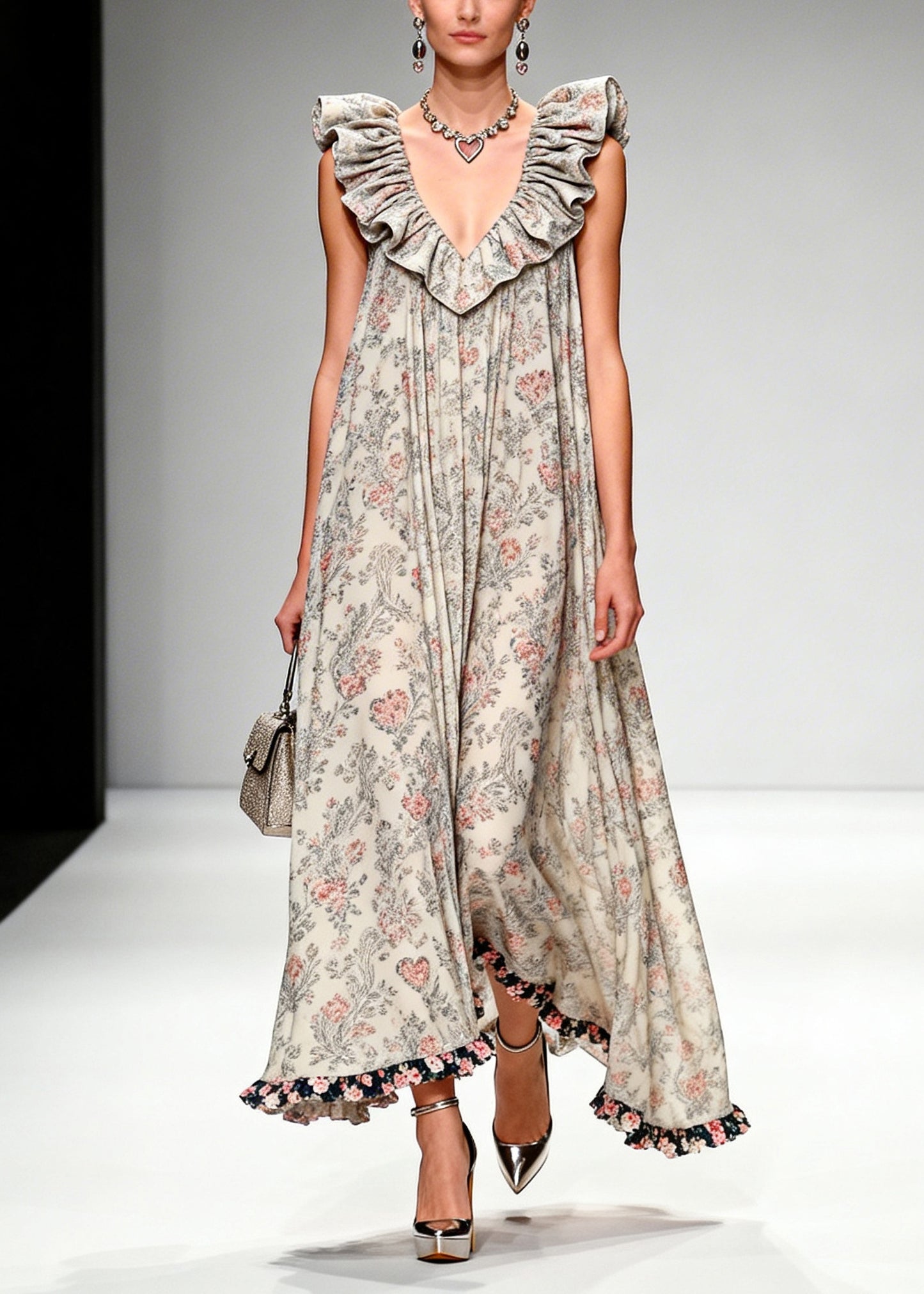 Beautiful Apricot Ruffled Print Chiffon Maxi Dresses Sleeveless