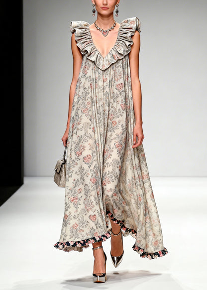 Beautiful Apricot Ruffled Print Chiffon Maxi Dresses Sleeveless