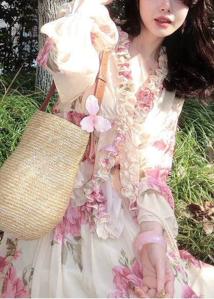 Beautiful Apricot Ruffled Print Chiffon Two Pieces Set Spring