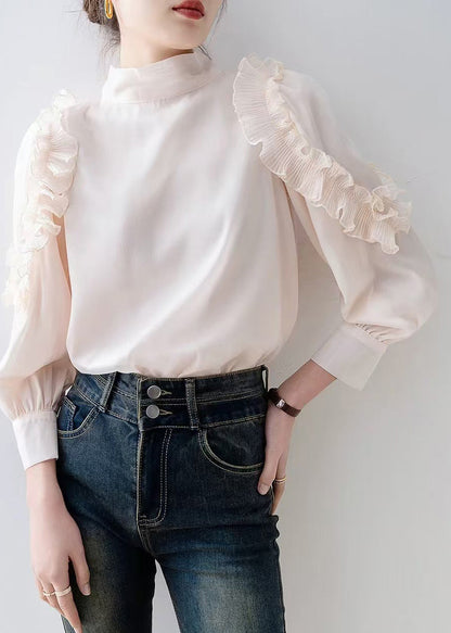 Beautiful Apricot Stand Collar Ruffled Chiffon Top Spring