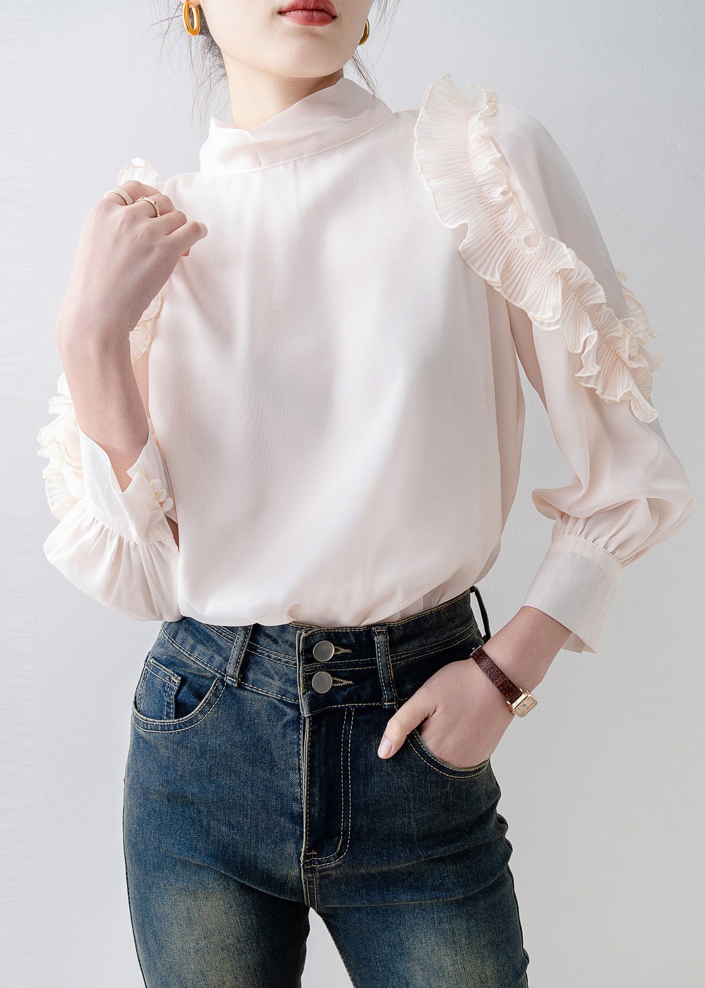 Beautiful Apricot Stand Collar Ruffled Chiffon Top Spring