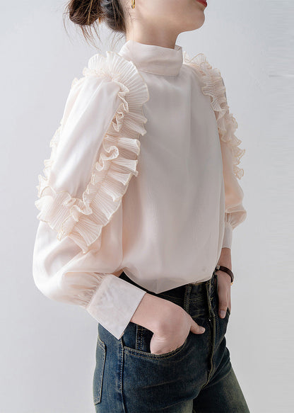 Beautiful Apricot Stand Collar Ruffled Chiffon Top Spring