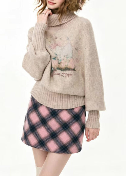 Beautiful Apricot Turtleneck Print Cotton Knit Sweaters Batwing Sleeve