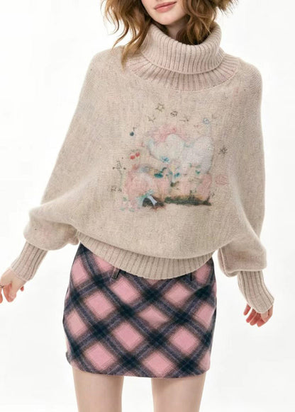 Beautiful Apricot Turtleneck Print Cotton Knit Sweaters Batwing Sleeve