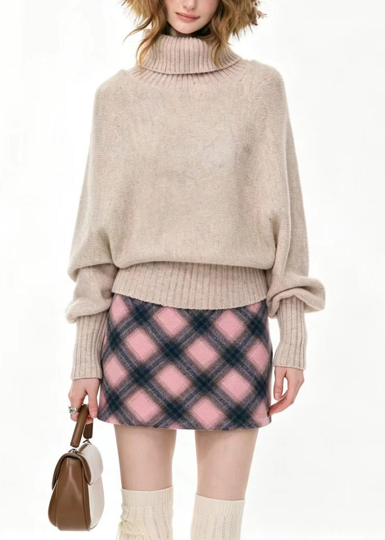 Beautiful Apricot Turtleneck Print Cotton Knit Sweaters Batwing Sleeve