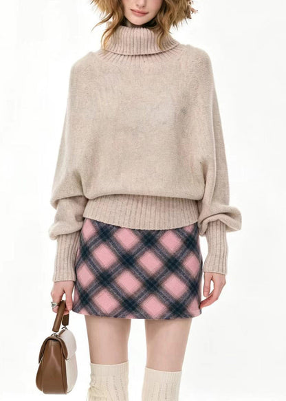 Beautiful Apricot Turtleneck Print Cotton Knit Sweaters Batwing Sleeve