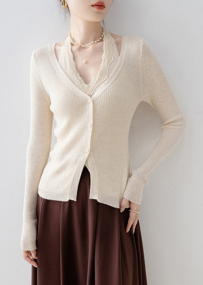 Beautiful Apricot V Neck Lace Patchwork Knit Sweater Spring