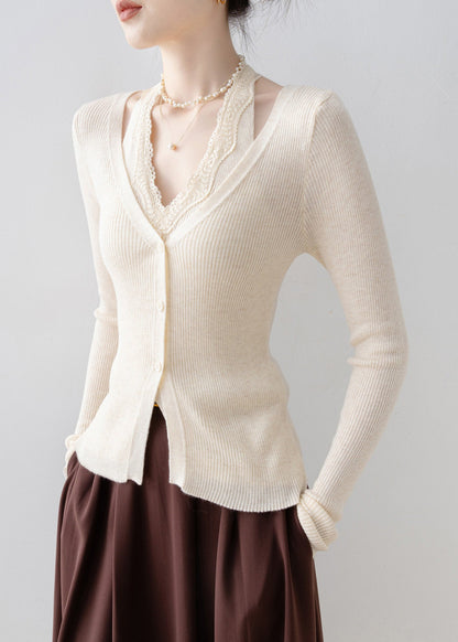 Beautiful Apricot V Neck Lace Patchwork Knit Sweater Spring