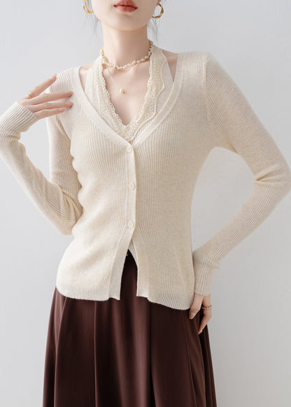 Beautiful Apricot V Neck Lace Patchwork Knit Sweater Spring