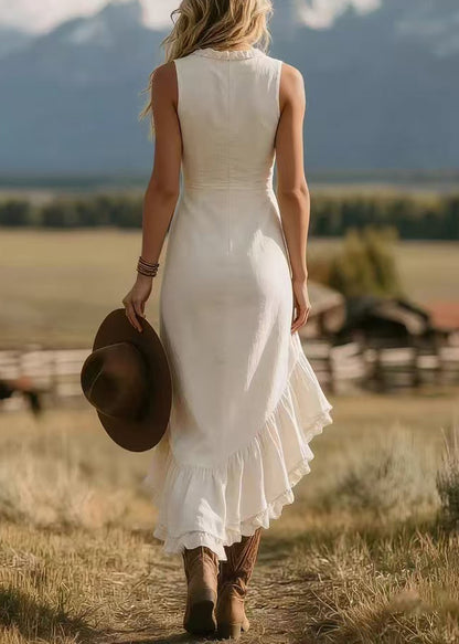 Beautiful Apricot V Neck Ruffled Asymmetrical Cotton Dresses Sleeveless
