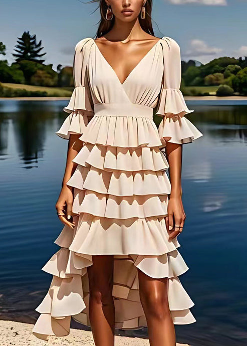 Beautiful Apricot V Neck Ruffled Low High Design Chiffon Dresses Flare Sleeve