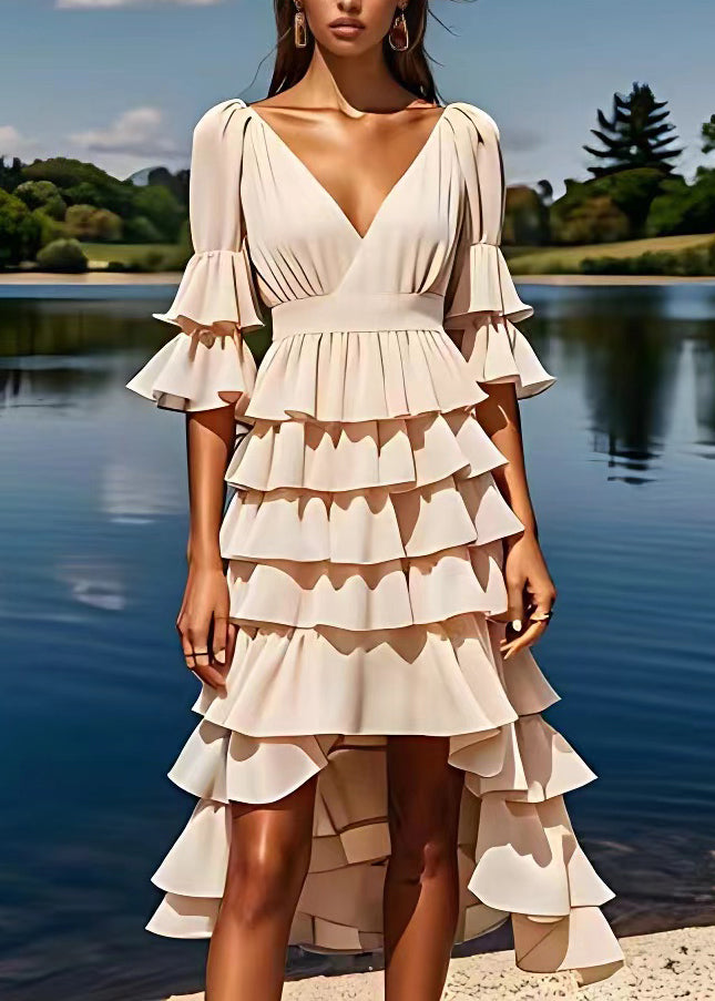 Beautiful Apricot V Neck Ruffled Low High Design Chiffon Dresses Flare Sleeve